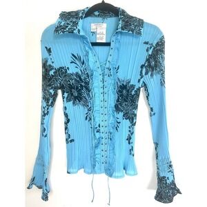 VTG Y2K Dress-U by Sharon Blue Micro Pleated Top Lace Up Floral Whimsigoth M